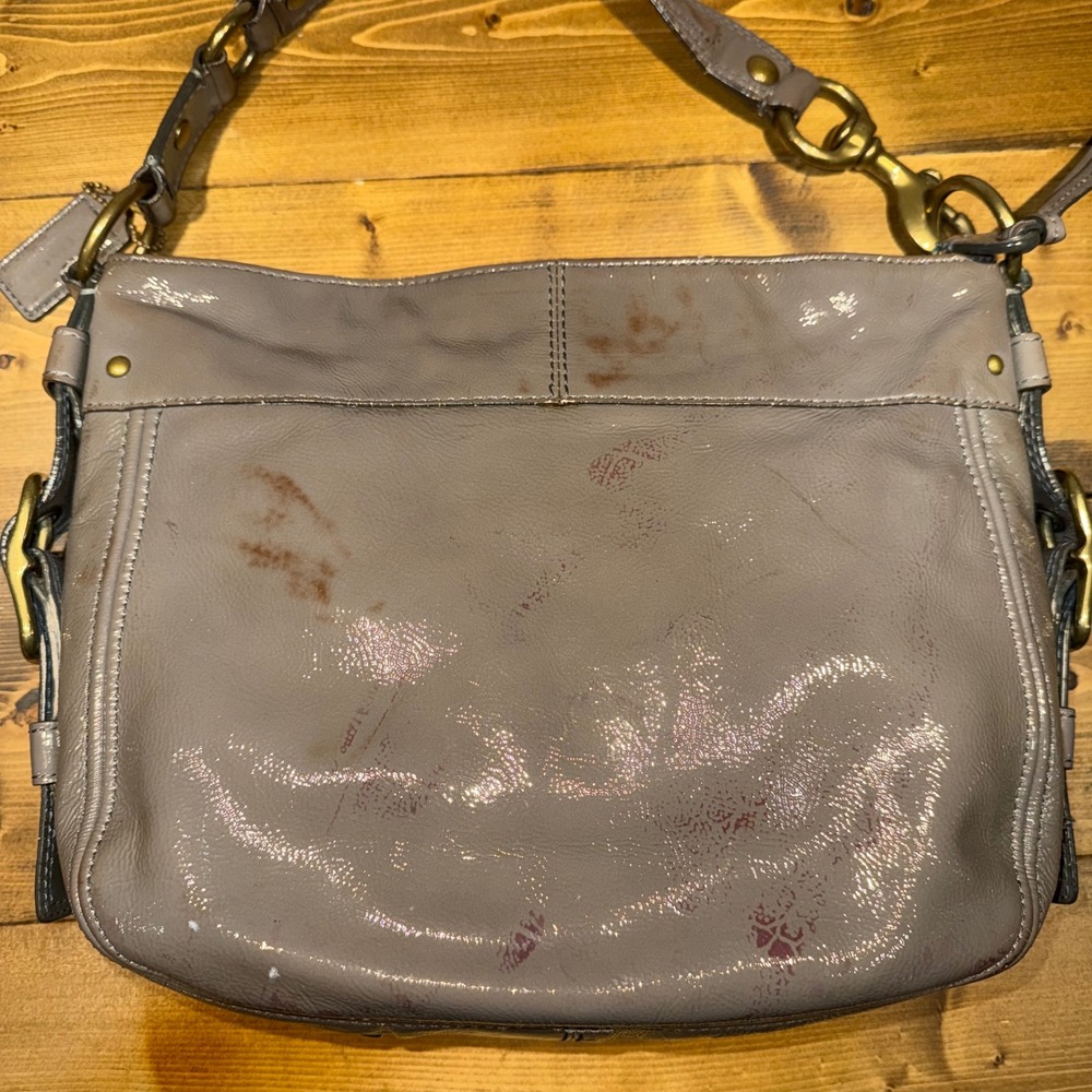 Coach Zoe 12735 Gray Patent Leather Shoulder Bag Brass Hardware Large Hobo Purse - Picture 4 of 12